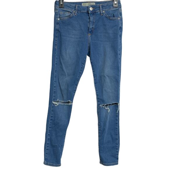 Topshop Moto Skinny Jeans Womens 28 Dark Blue Denim Mid Rise Distressed Ripped - Picture 1 of 5